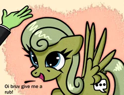 Size: 1300x1000 | Tagged: safe, artist:scandianon, derpibooru import, oc, oc:lurkey lone, pegasus, pony, female, floppy ears, hand, image, implied anon, looking up, mare, open mouth, open smile, pet request, png, smiling, spread wings, talking, wings