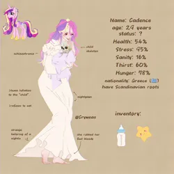 Size: 2048x2048 | Tagged: semi-grimdark, artist:cryweas, derpibooru import, princess cadance, princess flurry heart, alicorn, human, pony, alternate hairstyle, alternate universe, baby bottle, bags under eyes, barefoot, blanket, blood, bone, brown background, clothes, crown, feet, female, freckles, fridge horror, greek, grin, hoof shoes, humanized, image, jewelry, jpeg, mare, mental illness, mind break, mother and child, mother and daughter, nightgown, pillow, reference sheet, regalia, sad, schizophrenia, simple background, skeleton, smile virus, smiling, solo, the implications are horrible