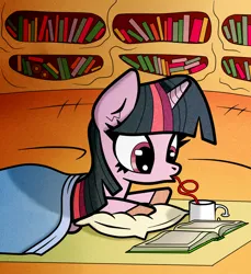 Size: 1100x1200 | Tagged: safe, artist:scandianon, derpibooru import, twilight sparkle, pony, unicorn, blanket, book, crazy straw, drink, drinking, female, golden oaks library, image, library, lying down, lying on the floor, mare, mug, night, pillow, png, silly straw, unicorn twilight