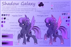 Size: 7500x5000 | Tagged: safe, artist:shad0w-galaxy, derpibooru import, oc, oc:shadow galaxy, unofficial characters only, pegasus, pony, absurd resolution, belly fluff, chest fluff, ear fluff, ethereal mane, fangs, female, fluffy, gradient background, hooves, image, mare, open mouth, png, raised hoof, reference sheet, shoulder fluff, smiling, spread wings, starry eyes, starry mane, starry tail, tail, text, unshorn fetlocks, wingding eyes, wings