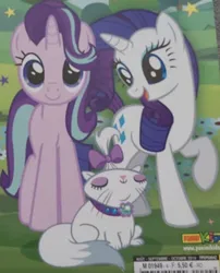Size: 1074x1332 | Tagged: safe, derpibooru import, opalescence, rarity, starlight glimmer, cat, pony, unicorn, barcode, cute, duo, french, front view, g4, image, looking at you, magazine, png, staring into your soul
