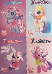 Size: 578x826 | Tagged: safe, derpibooru import, official, cheerilee (g3), starsong, sweetie belle, sweetie belle (g3), toola roola, earth pony, pegasus, pony, unicorn, g3, bipedal, card, clothed ponies, clothes, costume, cute, dancing, dress, dressup, fairy wings, female, filly, foal, french, g3.5, hat, hennin, image, invitation, magazine, magic, magic wand, mare, png, princess costume, standing on two hooves, toola-roola, wings
