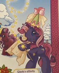 Size: 646x796 | Tagged: safe, derpibooru import, official, cherry blossom (g3), fizzypop, earth pony, pony, g3, bow, duo, hat, hennin, image, magazine, magazine cover, magic wand, png, princess costume, snow, sparkes, stars, winter