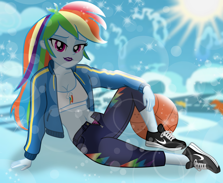 Size: 8508x6984 | Tagged: suggestive, artist:emeraldblast63, artist:theretroart88, derpibooru import, rainbow dash, human, equestria girls, basketball, bedroom eyes, belly, belly button, breasts, cleavage, image, lens flare, lipstick, looking at you, midriff, open fly, panty peek, png, smiling, smiling at you, solo, sports, stupid sexy rainbow dash