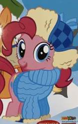 Size: 354x564 | Tagged: safe, derpibooru import, official, pinkie pie, earth pony, pony, clothes, cute, french, fur hat, fur trim, g4, hat, image, magazine, panini, panini kids, png, solo focus, sweater, winter, winter hat, winter outfit