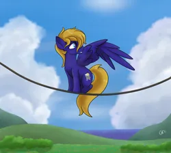 Size: 4000x3576 | Tagged: safe, artist:cloudybirb, derpibooru import, oc, oc:cloud quake, unofficial characters only, pegasus, pony, female, grooming, image, mare, png, preening, scenery, sitting, solo, spread wings, wings, wires