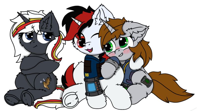 Size: 4072x2304 | Tagged: safe, artist:fliegerfausttop47, artist:twiny dust, derpibooru import, oc, oc:blackjack, oc:littlepip, oc:velvet remedy, unofficial characters only, pony, unicorn, derpibooru community collaboration, fallout equestria, fallout equestria: project horizons, 2024 community collab, clothes, fanfic art, female, image, jumpsuit, mare, pipbuck, png, security vault suit, simple background, transparent background, vault suit