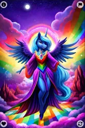 Size: 893x1348 | Tagged: safe, machine learning generated, oc, oc:rainbow fashion, alicorn, image, imagination, jpeg, moonbow, night, rainbow