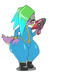 Size: 2975x3850 | Tagged: suggestive, artist:saurian, ponerpics import, ponybooru import, spike, dragon, bedroom eyes, bulges, clothes, femboy spike, gun, hair over one eye, image, laser gun, male, png, solo, stupid sexy spike, thicc thighs, thick, weapon