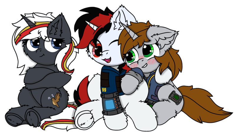 Size: 4072x2304 | Tagged: safe, artist:fliegerfausttop47, artist:twiny dust, derpibooru import, oc, oc:blackjack, oc:littlepip, oc:velvet remedy, unofficial characters only, pony, unicorn, derpibooru community collaboration, fallout equestria, fallout equestria: project horizons, 2024 community collab, clothes, fanfic art, female, image, jumpsuit, mare, pipbuck, png, security vault suit, simple background, transparent background, vault suit