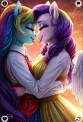 Size: 904x1326 | Tagged: artist needed, safe, ai content, applejack, fluttershy, pinkie pie, rainbow dash, rarity, twilight sparkle, anthro, human, pegasus, pony, unicorn, equestria girls, cutie mark, embrace, fashion, female, french kiss, humanized, image, jpeg, kissing, lesbian, mane six, rainbow, raridash, romantic, shipping