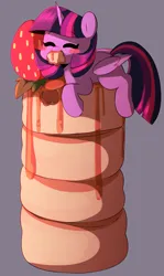 Size: 2104x3524 | Tagged: safe, artist:sakukitty, derpibooru import, twilight sparkle, twilight sparkle (alicorn), alicorn, pony, blush sticker, blushing, cute, eyebrows, eyebrows visible through hair, eyes closed, female, folded wings, food, g4, gray background, horn, image, jpeg, mare, mouth hold, pancakes, simple background, solo, strawberry, twiabetes, wings