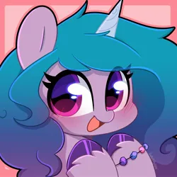 Size: 2050x2050 | Tagged: safe, artist:sakukitty, derpibooru import, izzy moonbow, pony, unicorn, g5, blushing, bracelet, cute, eye clipping through hair, female, friendship bracelet, high res, horn, image, izzybetes, jewelry, jpeg, looking at you, mare, open mouth, open smile, smiling, smiling at you, solo, unshorn fetlocks