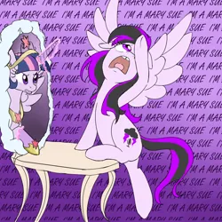 Size: 1000x1000 | Tagged: dead source, safe, artist:celerypony, twilight sparkle, twilight sparkle (alicorn), oc, oc:emogak, oc:night flash, alicorn, pony, abstract background, angry, big crown thingy, coffee table, cutie mark, dramatic, element of magic, female, females only, frown, glowing horn, horn, image, jewelry, mare, mary sue, mirror, open mouth, png, regalia, teeth, text