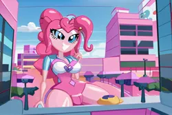 Size: 768x512 | Tagged: suggestive, ai content, derpibooru import, machine learning generated, prompter:princessoflovepinkyt, pinkie pie, human, big breasts, breasts, female, giant pinkie pie, giantess, grin, humanized, image, inflatable, jpeg, macro, pony coloring, smiling