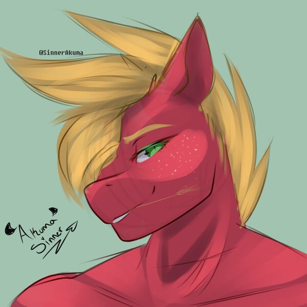 Size: 4000x4000 | Tagged: safe, artist:sinnerakuma, derpibooru import, big macintosh, anthro, earth pony, pony, bare shoulder portrait, bare shoulders, bedroom eyes, bust, freckles, green background, hair over one eye, image, jpeg, looking at you, male, portrait, signature, simple background, smiling, smiling at you, solo, stallion, straw in mouth, stupid sexy big macintosh