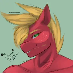Size: 4000x4000 | Tagged: safe, artist:sinnerakuma, derpibooru import, big macintosh, anthro, earth pony, pony, bare shoulder portrait, bare shoulders, bedroom eyes, bust, freckles, green background, hair over one eye, image, jpeg, looking at you, male, portrait, signature, simple background, smiling, smiling at you, solo, stallion, straw in mouth, stupid sexy big macintosh