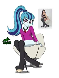 Size: 1440x1920 | Tagged: safe, artist:gibsterboy5, derpibooru import, sonata dusk, equestria girls, 2024, boots, chair, clothes, high heel boots, image, jpeg, not a toilet, shirt, shoes, shorts, signature, simple background, solo, white background