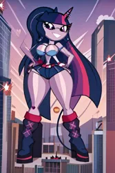 Size: 512x768 | Tagged: suggestive, ai content, derpibooru import, machine learning generated, prompter:darklady94two, twilight sparkle, human, equestria girls, belt, big hair, boots, clothes, female, g4, giantess, high heel boots, image, inflatable, jpeg, macro, shirt, shoes, shorts
