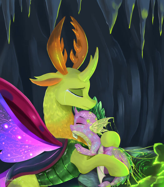 Size: 1789x2042 | Tagged: safe, artist:darksly, derpibooru import, spike, thorax, changedling, changeling, dragon, changeling hive, clothes, commission, crying, curved horn, digital art, eyes closed, g4, glow, horn, horns, hug, image, jpeg, king thorax, looking at each other, looking at someone, male, sad, scales, see-through, signature, sleeping, sparkles, spread wings, teary eyes, wings, worried