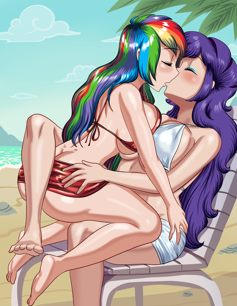Size: 1591x2048 | Tagged: suggestive, artist:thebrokencog, derpibooru import, rainbow dash, rarity, human, 2 handfuls of dat ass, ass, beach, beach babe, beach chair, big breasts, bikini, bikini babe, bikini bottom, bikini top, breast squish, breasts, busty rainbow dash, busty rarity, butt, butt grab, butt touch, chair, cleavage, clothes, cog's kisses, commission, duo, duo female, eyes closed, eyeshadow, female, females only, grope, humanized, image, kiss on the lips, kissing, lesbian, long hair, makeup, making out, png, sexy, ship:raridash, shipping, side view, sideboob, sitting on lap, stupid sexy rainbow dash, stupid sexy rarity, swimsuit