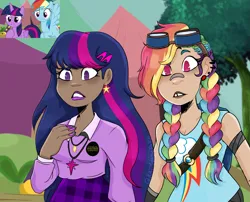 Size: 2545x2057 | Tagged: safe, artist:kat4nadepap3l, derpibooru import, rainbow dash, twilight sparkle, twilight sparkle (alicorn), alicorn, human, pegasus, pony, bandaid, bandaid on nose, blackwashing, braid, braided pigtails, duo, ear piercing, earring, female, goggles, goggles on head, hand on chest, high res, humanized, image, jewelry, mare, moderate dark skin, piercing, pigtails, png, scene interpretation, screencap reference, tan skin, tooth gap, tumblr art style