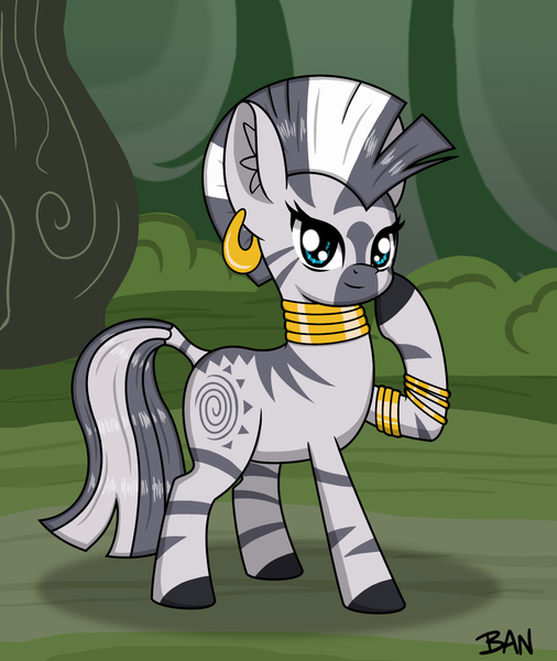 Size: 1412x1675 | Tagged: safe, artist:banquo0, derpibooru import, zecora, zebra, ear piercing, earring, female, hoof on chin, image, jewelry, looking at you, neck rings, piercing, png, raised hoof, smiling, solo