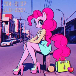 Size: 1024x1024 | Tagged: safe, ai content, derpibooru import, machine learning generated, pinkie pie, anthro, apple, bag, building, car, city, clothes, cute, fading, female, food, g4, handbag, high heels, image, irl, looking at you, nostalgia, orange, photo, png, power line, prompter:horselover fat, retro, shoes, sitting, solo, street, timestamp