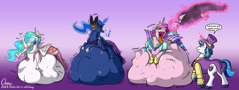 Size: 2636x1000 | Tagged: semi-grimdark, artist:omny87, derpibooru import, princess cadance, princess celestia, princess luna, shining armor, alicorn, human, unicorn, alcohol, belly, big belly, champagne, champagne glass, dialogue, feet first, female pred, female prey, fetish, gradient background, grand galloping gala, head first, huge belly, human prey, image, impossibly large belly, levitation, magic, male prey, open mouth, png, ponies eating humans, purple background, simple background, soft vore, speech bubble, story in the source, story included, struggling, subscribestar preview, telekinesis, vore, wine