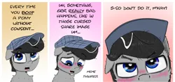 Size: 2200x1036 | Tagged: safe, artist:chopsticks, derpibooru import, oc, oc:chopsticks, unofficial characters only, pegasus, pony, blushing, bust, cheek fluff, chest fluff, chipped tooth, close-up, comic, dialogue, ear fluff, eyebrows, eyebrows visible through hair, hat, image, looking at you, looking down, male, non-consensual booping, png, simple background, solo, stuttering, talking to viewer, text