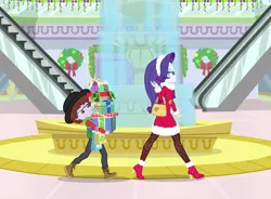 Size: 3600x2656 | Tagged: safe, artist:sapphiregamgee, derpibooru import, rarity, oc, oc:dice, equestria girls, canterlot mall, christmas, christmas outfit, clothes, holiday, image, jpeg, present, shopping