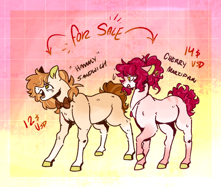 Size: 1280x1086 | Tagged: safe, artist:ayartzramen, artist:kinda-lost, derpibooru import, oc, oc:cherry marzipan, oc:hammy sandwich, unofficial characters only, earth pony, pony, bowtie, brother and sister, duo, female, gradient background, image, male, offspring, parent:cheese sandwich, parent:pinkie pie, parents:cheesepie, png, siblings, text
