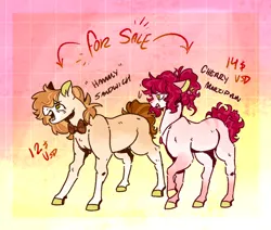 Size: 1280x1086 | Tagged: safe, artist:ayartzramen, artist:kinda-lost, derpibooru import, oc, oc:cherry marzipan, oc:hammy sandwich, unofficial characters only, earth pony, pony, bowtie, brother and sister, duo, female, gradient background, image, male, offspring, parent:cheese sandwich, parent:pinkie pie, parents:cheesepie, png, siblings, text