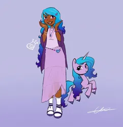 Size: 1080x1117 | Tagged: safe, artist:carolina_art, derpibooru import, izzy moonbow, human, pony, unicorn, g5, dark skin, female, gradient background, human ponidox, humanized, image, jpeg, looking at you, mare, open mouth, open smile, self paradox, self ponidox, signature, smiling, smiling at you