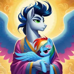 Size: 1024x1024 | Tagged: safe, ai content, derpibooru import, machine learning generated, prompter:*rainbow dash*, rainbow dash, soarin', anthro, pony, behaving like a cat, clothes, flower, g4, generator:bing image creator, holding a pony, image, png, spread wings, sun, toga, wings