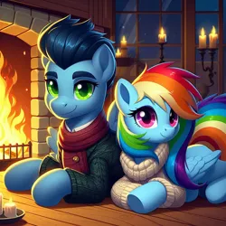 Size: 1024x1024 | Tagged: safe, ai content, derpibooru import, machine learning generated, prompter:*rainbow dash*, rainbow dash, soarin', candle, clothes, female, fireplace, g4, generator:bing image creator, image, lying down, male, png, shipping, soarindash, straight, sweater