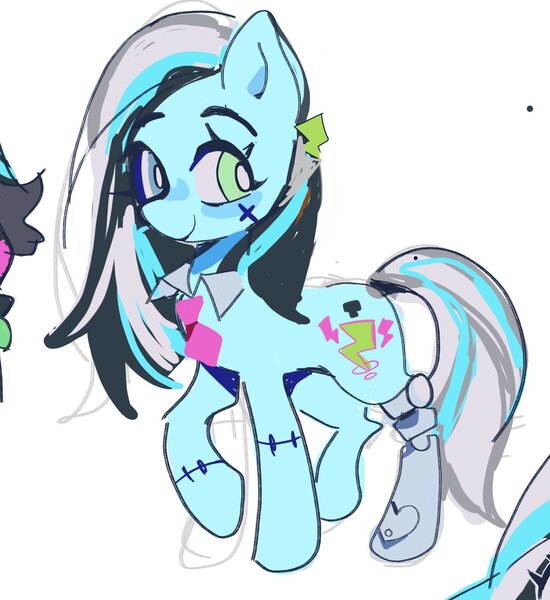 Size: 1581x1726 | Tagged: safe, artist:yen00280, derpibooru import, ponified, pony, amputee, frankie stein, image, jpeg, monster high, nonbinary, prosthetic limb, prosthetics, simple background, sketch, solo, white background