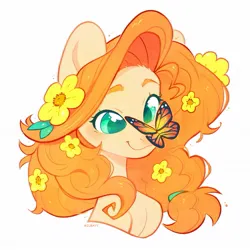 Size: 1213x1213 | Tagged: safe, artist:zubastyypersik, derpibooru import, pear butter, butterfly, earth pony, insect, pony, bust, buttercup, butterfly on nose, colored pupils, cute, female, flower, flower in hair, image, insect on nose, jpeg, mare, simple background, smiling, solo, white background