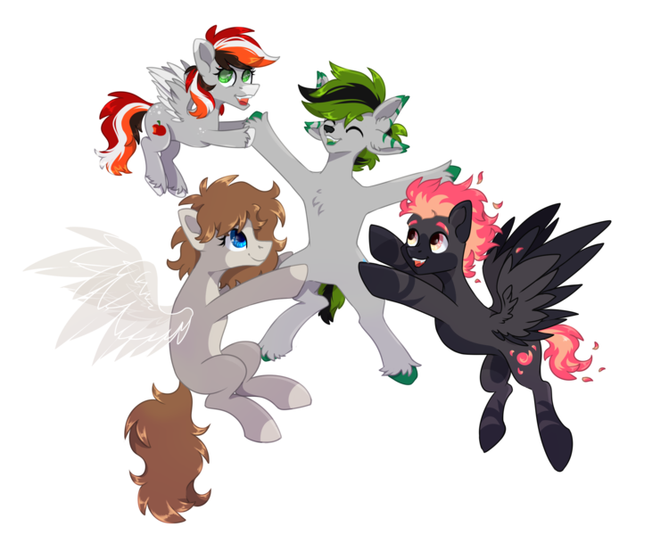 Size: 2500x2000 | Tagged: safe, artist:lambydwight, derpibooru import, oc, oc:apple bite, oc:mourning song, oc:warming blaze, earth pony, pegasus, pony, derpibooru community collaboration, 2024 community collab, artificial wings, augmented, hybrid oc, image, magic, magic wings, mane of fire, png, ponysona, simple background, transparent background, wings