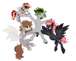 Size: 2500x2000 | Tagged: safe, artist:lambydwight, derpibooru import, oc, oc:apple bite, oc:mourning song, oc:warming blaze, earth pony, pegasus, pony, derpibooru community collaboration, 2024 community collab, artificial wings, augmented, hybrid oc, image, magic, magic wings, mane of fire, png, ponysona, simple background, transparent background, wings