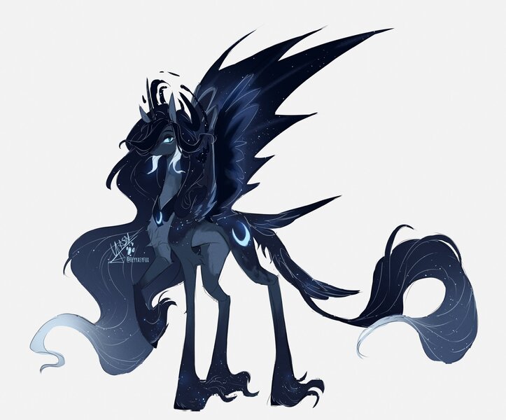 Size: 2048x1699 | Tagged: safe, artist:iheyyasyfox, derpibooru import, princess luna, alicorn, pony, chest fluff, female, hair over one eye, hoof fluff, hybrid wings, image, jpeg, leonine tail, long feather, long legs, looking at you, mare, simple background, solo, spread wings, starry hooves, starry wings, tail, tail feathers, tall, unshorn fetlocks, white background, wings