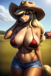 Size: 2048x3072 | Tagged: suggestive, ai content, derpibooru import, machine learning generated, applejack, anthro, earth pony, applebetes, barn, bedroom eyes, belly button, big breasts, blue sky, breasts, busty applejack, cleavage, clothes, cowboy hat, curvy, cute, denim, denim shorts, erect nipples, field, hat, hourglass figure, image, jeans, long hair, looking at you, panties, pants, png, red bikini, red bra, scenery, shorts, slender, smiling, smiling at you, solo, stupid sexy applejack, thin, thong, underwear