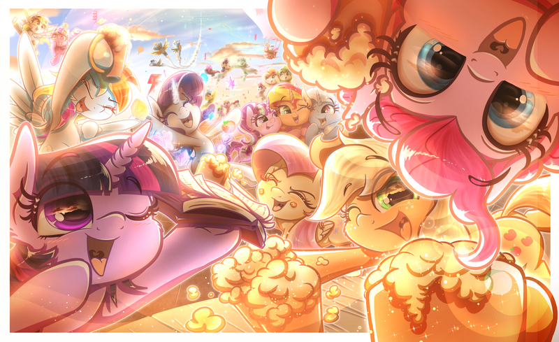 Size: 4000x2444 | Tagged: safe, artist:phoenixrk49, derpibooru import, applejack, berry punch, berryshine, bon bon, carrot top, cherry berry, daisy, derpy hooves, fleetfoot, flower wishes, fluttershy, golden harvest, lily, lily valley, lyra heartstrings, minuette, pinkie pie, rainbow dash, rarity, roseluck, screwball, soarin', spitfire, starlight glimmer, sunset shimmer, sweetie drops, trixie, twilight sparkle, twinkleshine, earth pony, pegasus, pony, unicorn, book, cheek squish, cider, cider mug, clothes, counterparts, element of generosity, element of honesty, element of kindness, element of laughter, element of loyalty, element of magic, elements of harmony, eye clipping through hair, eyebrows, eyebrows visible through hair, eyes closed, female, flower trio, high res, hot air balloon, image, looking at you, mane six, mare, mug, one eye closed, open mouth, open smile, png, s5 starlight, smiling, smiling at you, squishy cheeks, twilight's counterparts, uniform, wonderbolts, wonderbolts uniform