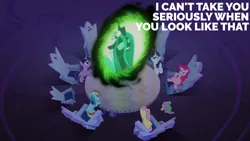 Size: 2000x1125 | Tagged: safe, derpibooru import, edit, edited screencap, editor:quoterific, screencap, applejack, fluttershy, pinkie pie, queen chrysalis, rainbow dash, rarity, spike, twilight sparkle, changeling, to where and back again, disguise, disguised changeling, image, mane seven, mane six, png