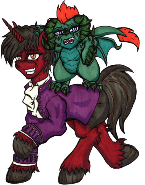 Size: 1155x1475 | Tagged: safe, artist:andras, derpibooru import, oc, oc:andras, oc:matches, dragon, pony, unicorn, derpibooru community collaboration, 2024 community collab, angry, claws, clothes, fangs, hooves, horn, horns, image, png, raised hoof, smiling, smirk, smug, suit, tail, unshorn fetlocks, wings