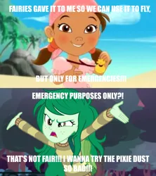 Size: 5600x6300 | Tagged: safe, artist:brokenadam, derpibooru import, screencap, wallflower blush, equestria girls, equestria girls series, forgotten friendship, angry, clothes, green hair, image, impact font, izzy (jake and the never land pirates), jake and the never land pirates, meme, pixie dust, png, sweater, tan skin