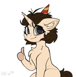 Size: 1500x1500 | Tagged: safe, artist:airfly-pony, derpibooru import, oc, oc:nastich karandasheva, unofficial characters only, pony, unicorn, hat, image, looking at you, party hat, png, short hair, simple background, smiling, solo, suddenly hands, white background