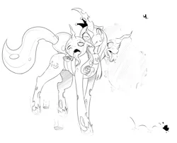 Size: 1280x1033 | Tagged: safe, artist:helixjack, princess luna, queen chrysalis, rarity, changeling, black and white, changelingified, cropped, explicit source, fusion, grayscale, image, monochrome, multiple heads, png, quadrupedal, simple background, species swap, three heads, tongue out, white background