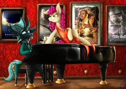 Size: 1750x1237 | Tagged: safe, artist:jamescorck, derpibooru import, oc, oc:chelicera, oc:cotton bucket, changeling, pony, clothes, dress, image, movie poster, musical instrument, piano, png, tuxedo