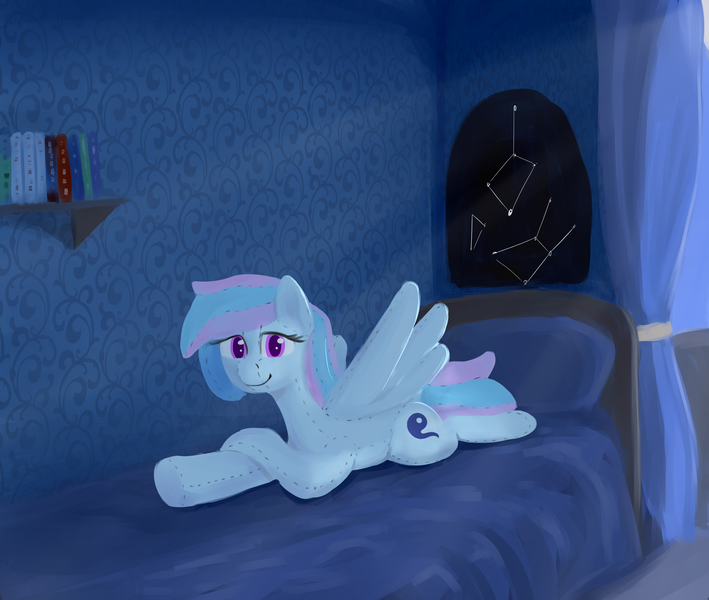 Size: 2560x2165 | Tagged: safe, alternate version, artist:barhandar, oc, oc:starburn, unofficial characters only, original species, pegasus, plush pony, pony, bed, book, constellation, female, image, lineless, looking at you, mare, moonlight, night, plushie, png, prone, smiling, solo, spread wings, wallpaper (object), wings